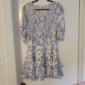 Alden Adair Blue and Cream smocked to waist dress